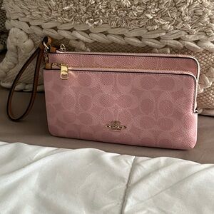 Coach Powder Pink Signature Double Zip Wristlet with Gold Hardware